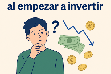 Ilustración digital en estilo plano sobre fondo beige. Una persona aparece pensativa frente a gráficos financieros y billetes flotando, con el texto "Errores que cometí al empezar a invertir". Diseño minimalista y colores suaves.