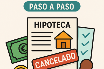 Ilustración en español que muestra el título “Cómo cancelar tu hipoteca paso a paso” sobre un fondo claro. Debajo aparece un documento con la palabra “Hipoteca”, una casa y un gran sello rojo que dice “Cancelado”. También se ven billetes, monedas de euro, un checklist con marcas y un tampón de sello.